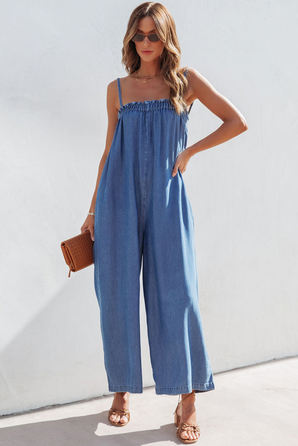 Spaghetti Straps Frilled Neckline Pocketed Wide Leg Denim Jumpsuit