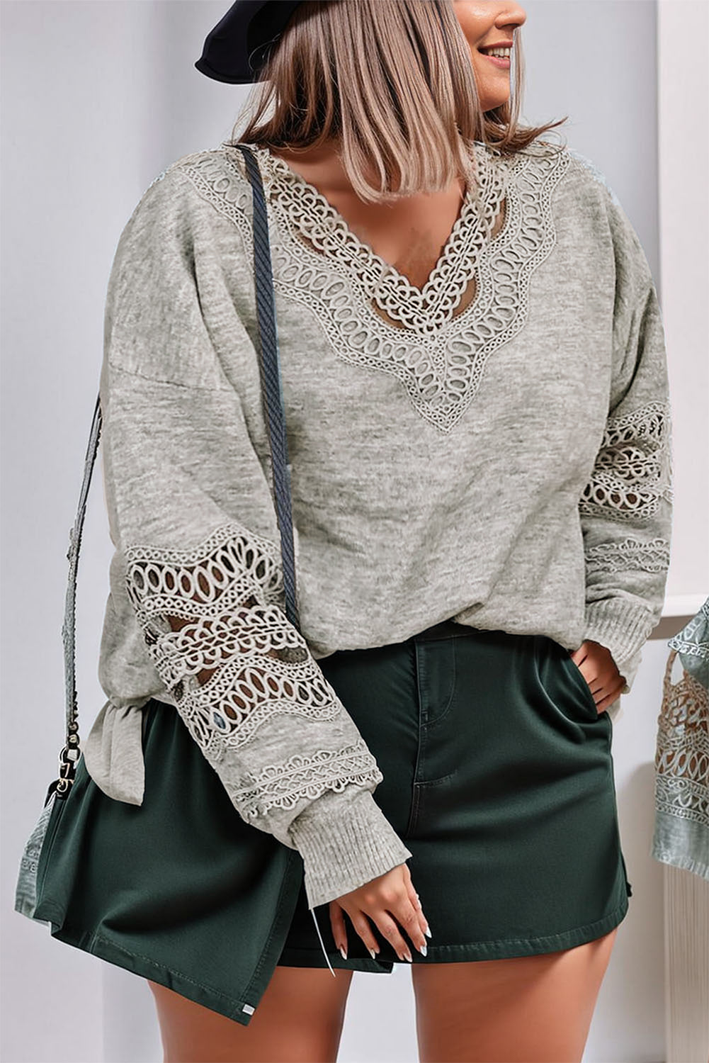 Hollowed Lace Splicing V Neck Loose Sweater