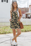 Camo Print Raw Hem Overalls Mini Dress