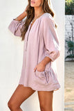 Crinkled Buttoned V Neck Long Sleeve Romper