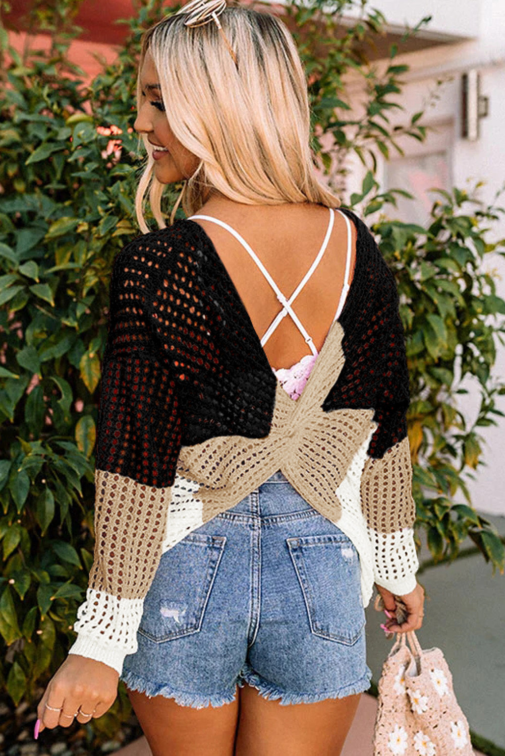 Color Block Eyelet Long Sleeve Twisted Back Knit Top