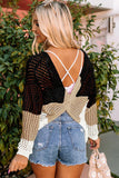 Color Block Eyelet Long Sleeve Twisted Back Knit Top