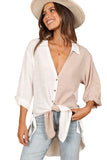 V Neck Collared Curved Hem Contrast Colorblock Shirt