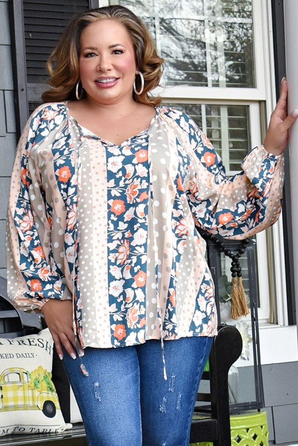 Plus Size Mixed Print Split Neck Blouse