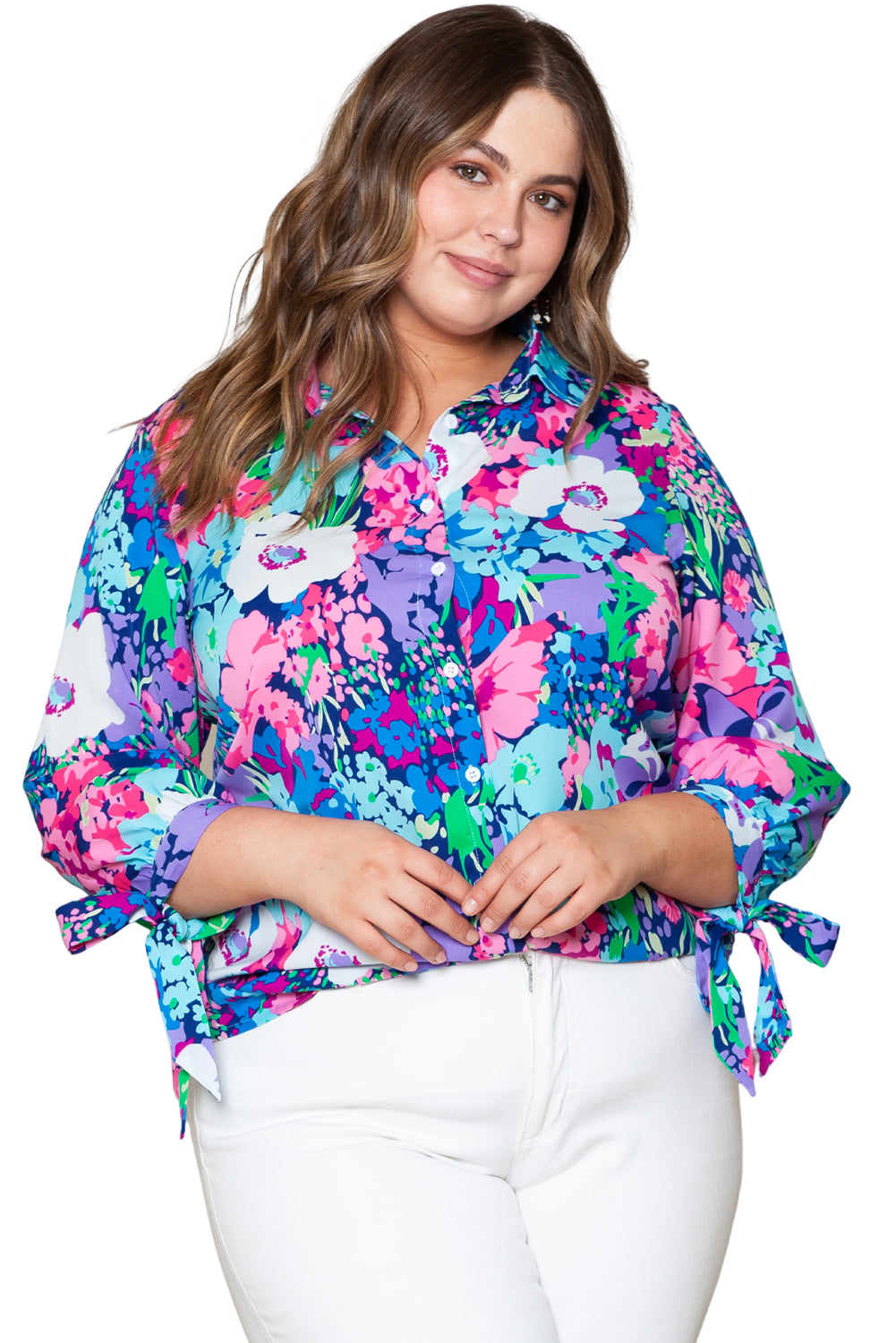 Plus Size Floral Knotted Long Sleeve Shirt