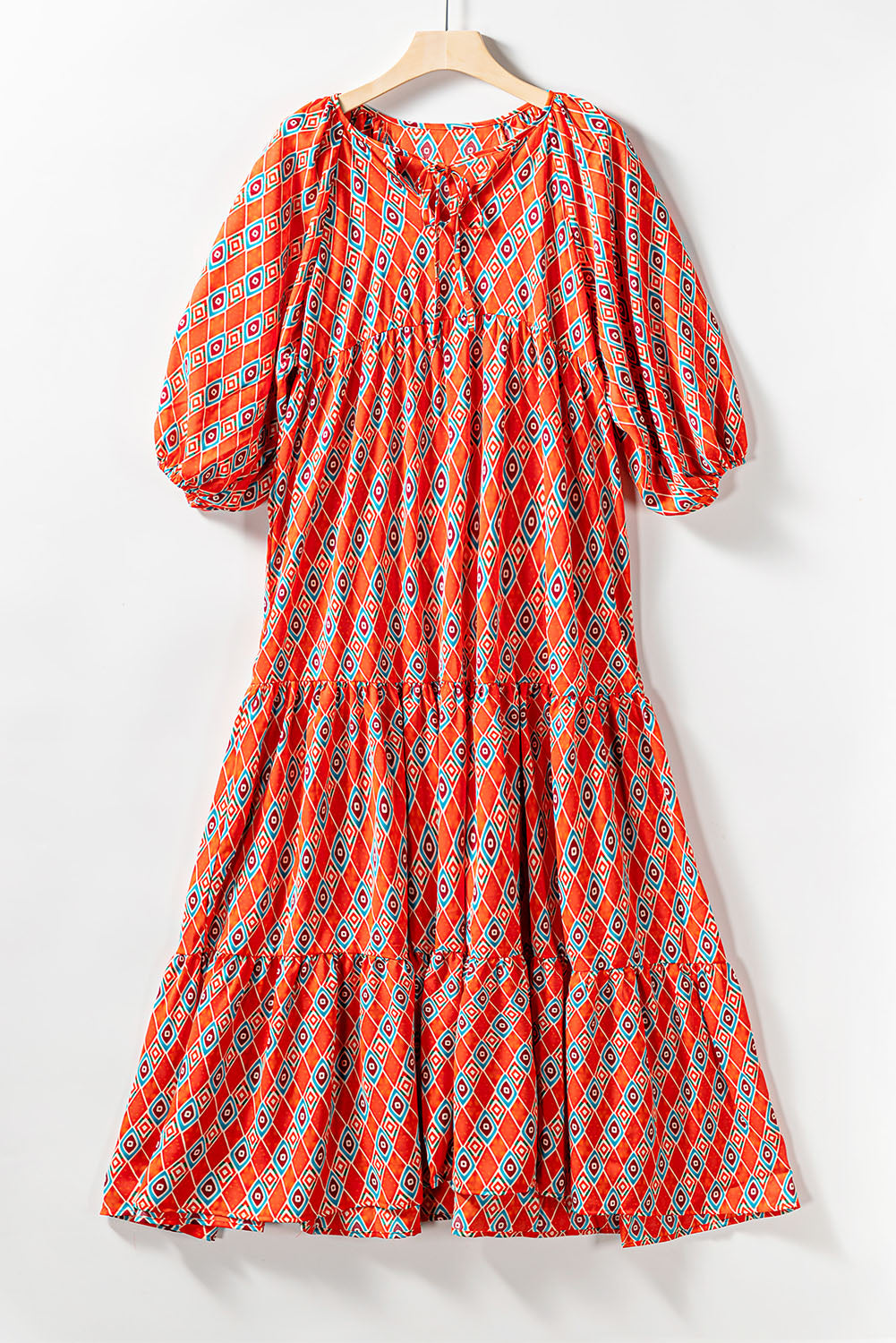 Ethnic Geometry Print Bubble Sleeve Maxi Dress