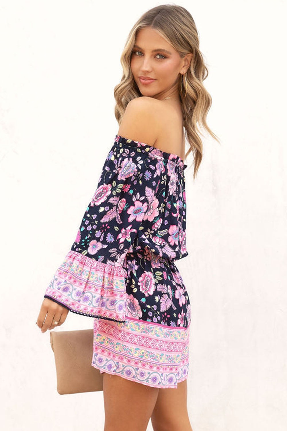 Floral Patchwork High Waist Off Shoulder Romper