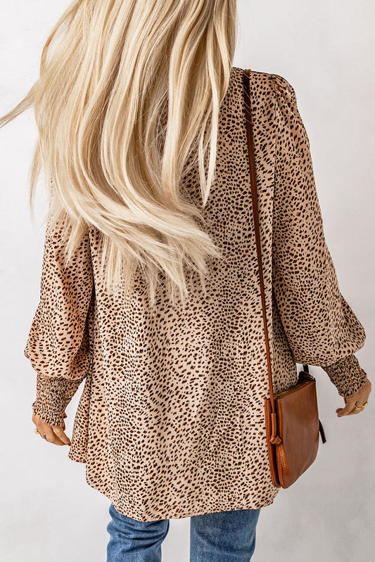 Animal Print Shirred Cuff Lantern Sleeve Cardigan