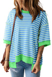 Sky Blue Stripe Oversized Contrast Trim Exposed Seam High Low T Shirt