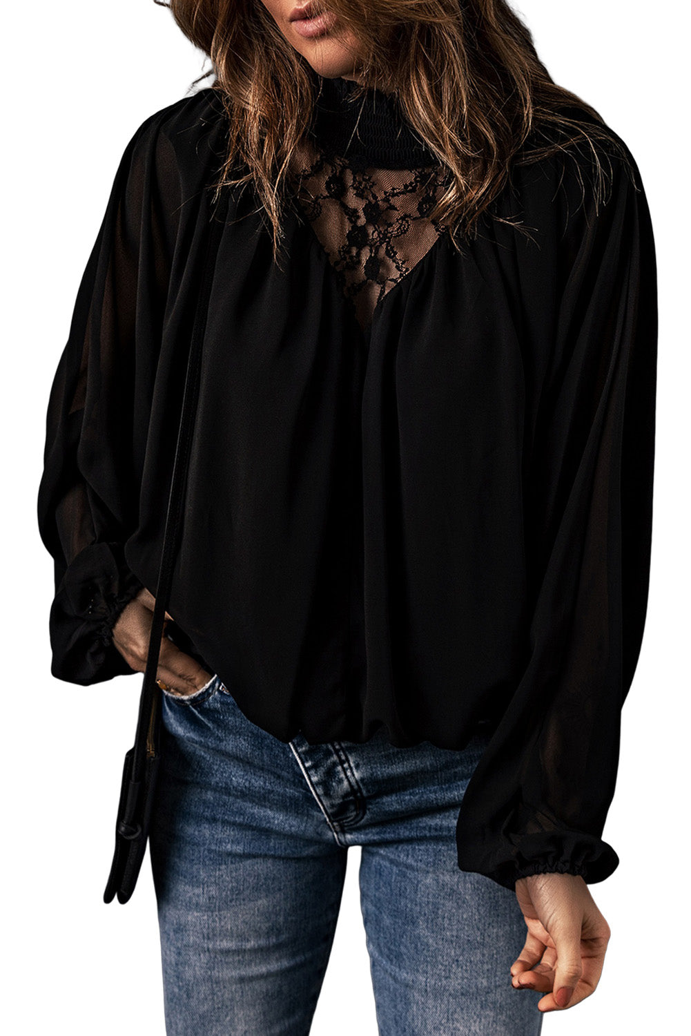 Lace Contrast Sheer Frilled Neck Blouse