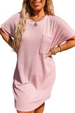 Robe longue rose côtelée avec poche poitrine et manches courtes, grande taille