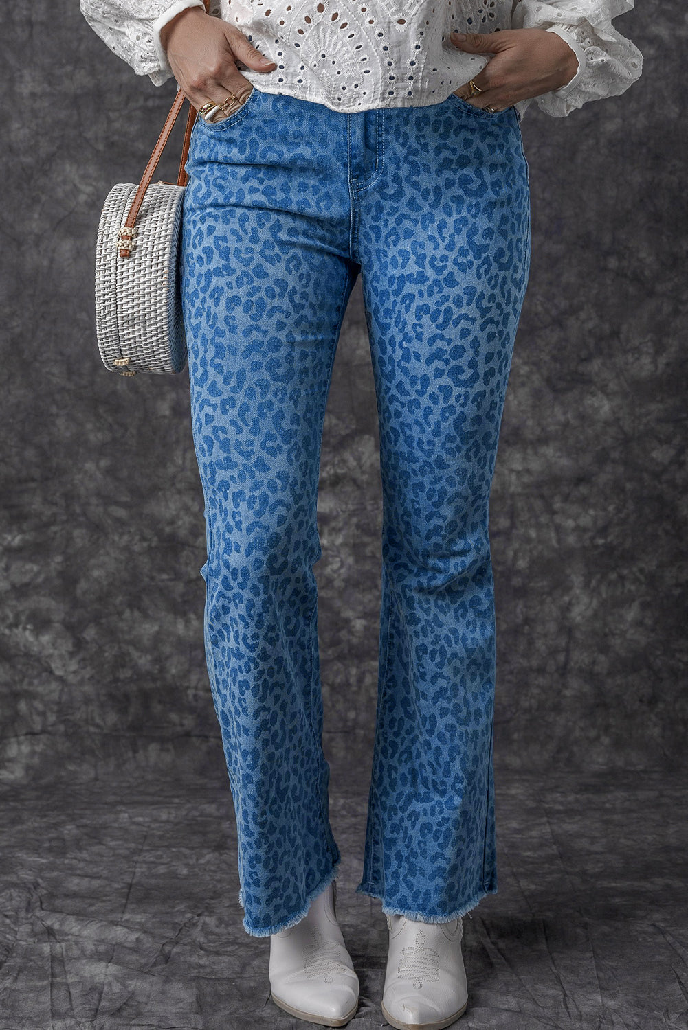 Sky Blue Leopard Print Raw Hem High Waist Flare Jeans