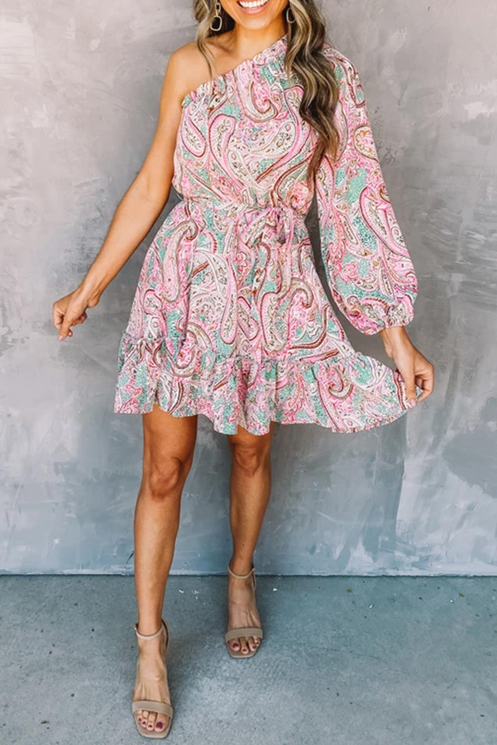 Paisley Print One Shoulder Lace-up High Waist Mini Dress