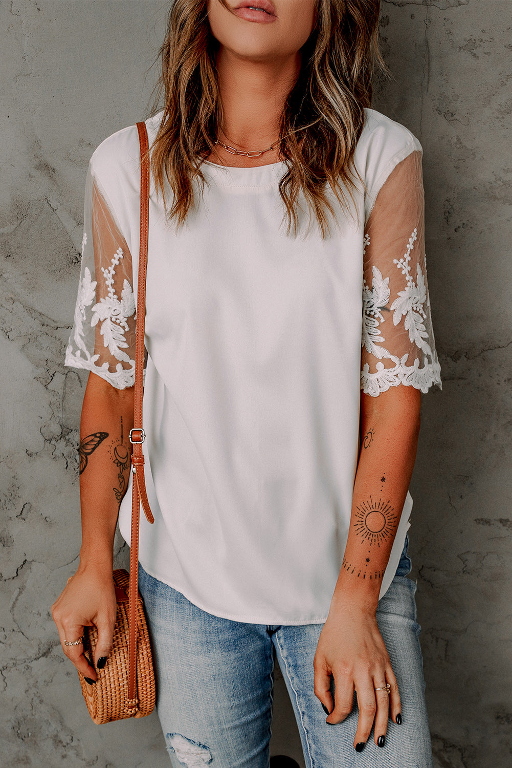 Floral Lace Sleeve Patchwork Top