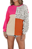 Leopard Patchwork Color Block Ribbed Long Sleeve Top