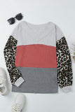 Wild Leopard Contrast Sleeve Colorblock Waffle Knit Top