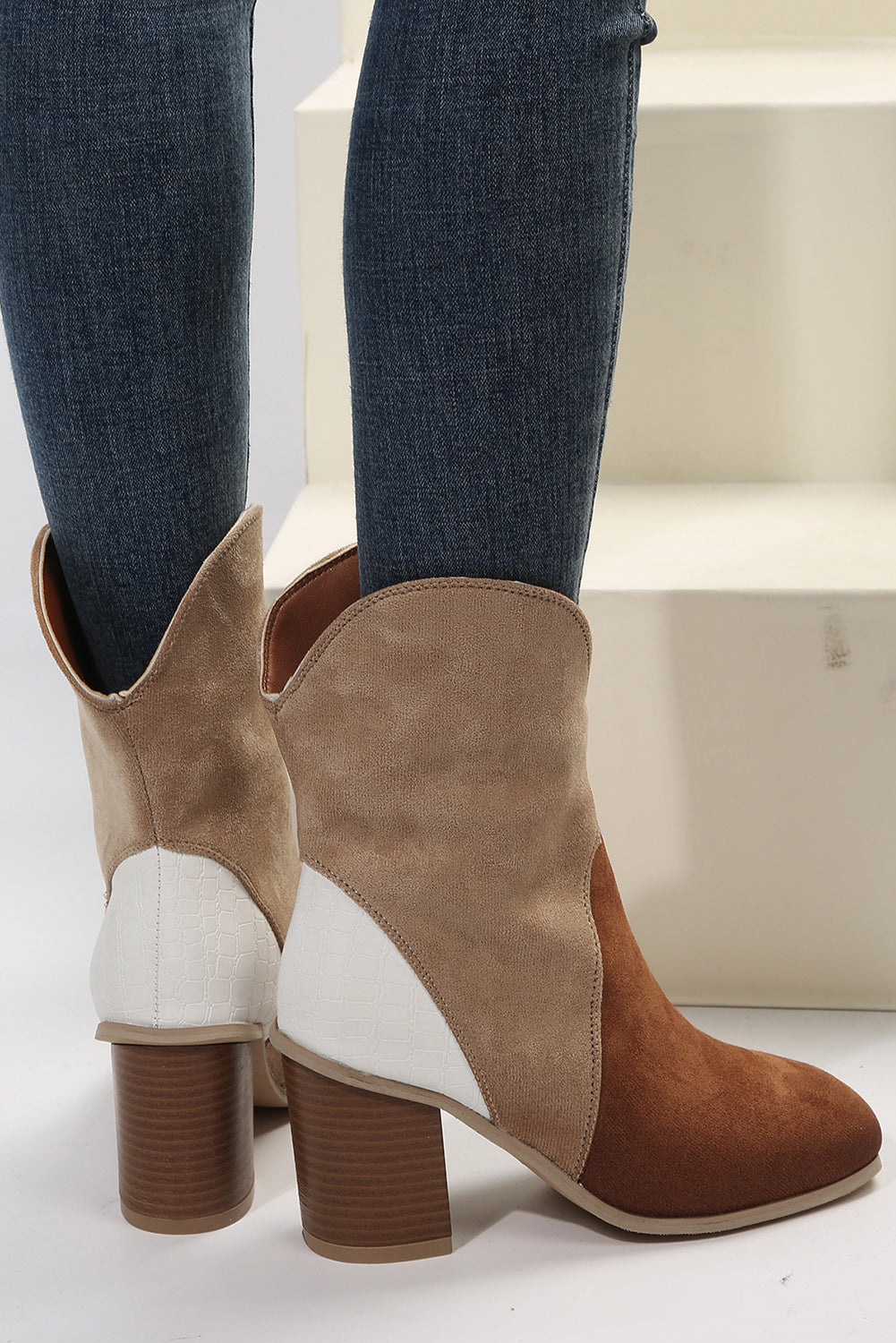 Colorblock Suede Heeled Ankle Booties