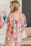 Multicolor Watercolor Floral Square Neck Ruffle Sleeve Blouse