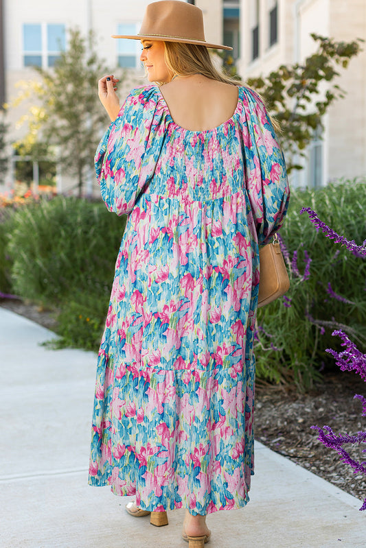 Sky Blue Floral Allover Print Shirred Square Neck Plus Size Maxi Dress