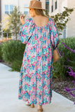 Sky Blue Floral Allover Print Shirred Square Neck Plus Size Maxi Dress