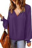 Purple Pleated V Neck Puffy Sleeve Blouse