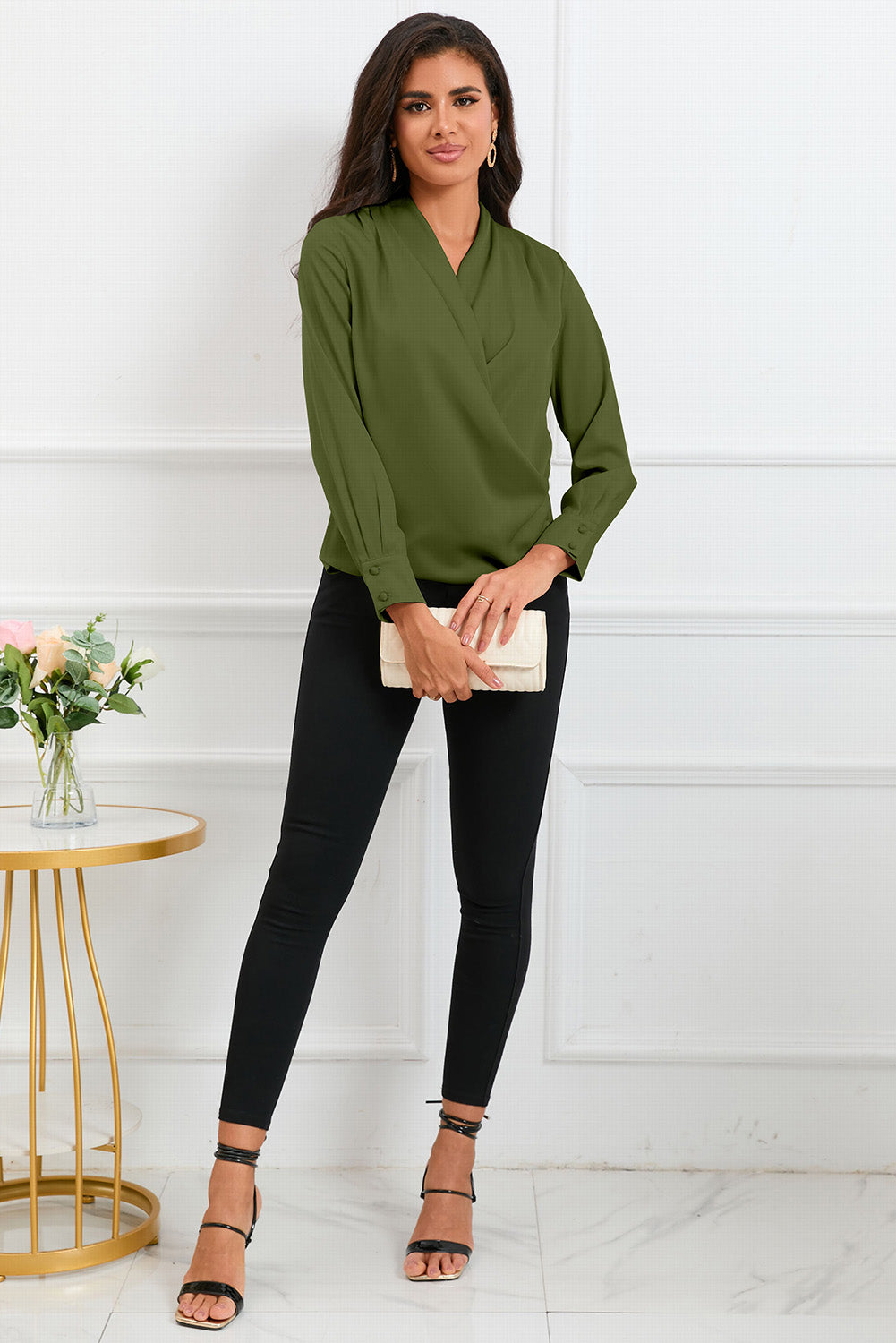 Solid Wrap V Neck Long Sleeve Top