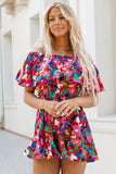 Red Floral Off Shoulder Short Sleeves Ruffle Romper