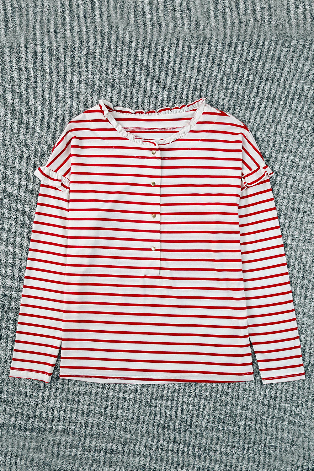 Striped Print Ruffled Buttoned Long Sleeve Top