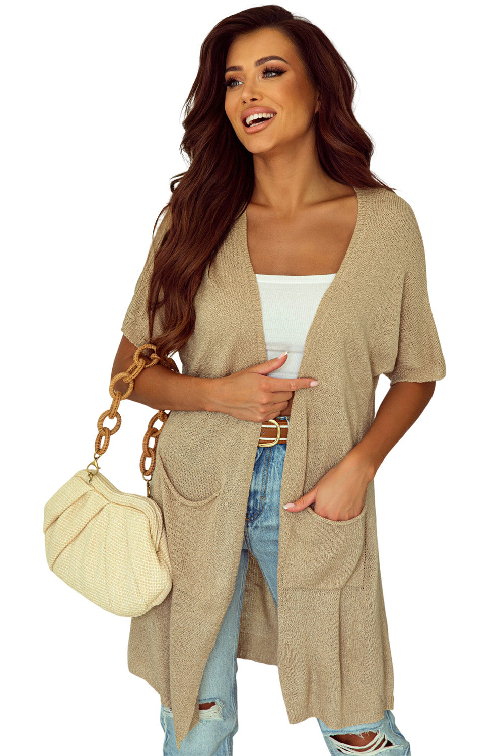 Khaki Pocketed Knit Dolman Sleeve Cardigan