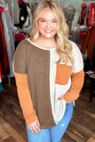 Orange Long Sleeve Colorblock Chest Pocket Textured Knit Top