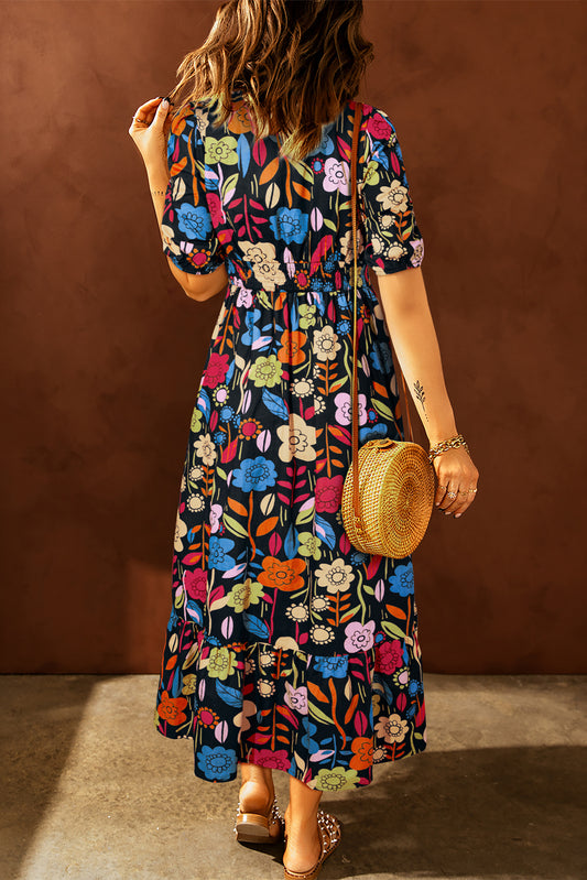 Black Retro Floral Printed Split Neck Maxi Dress