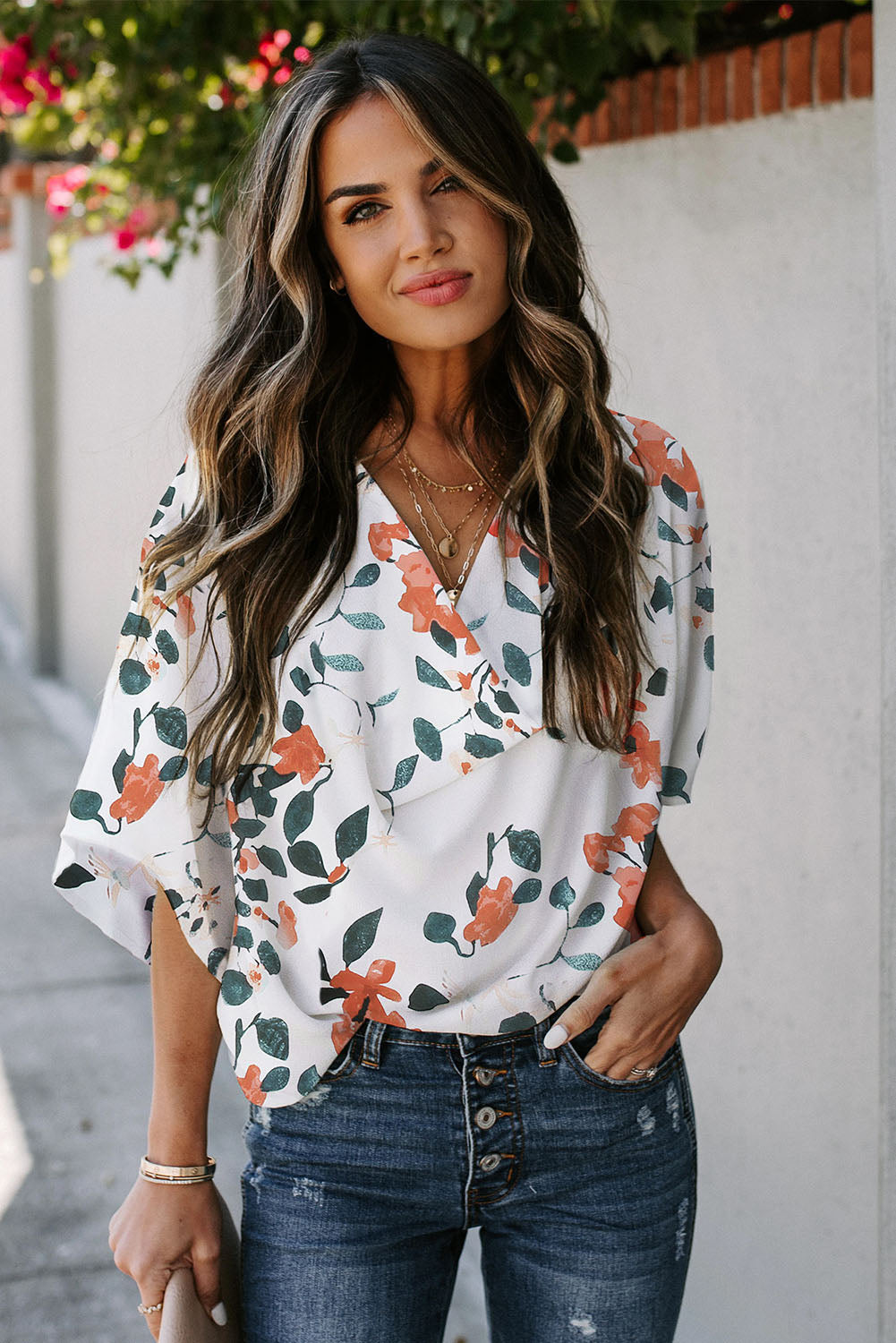 Floral Print Drape V Neck Short Sleeve Blouse