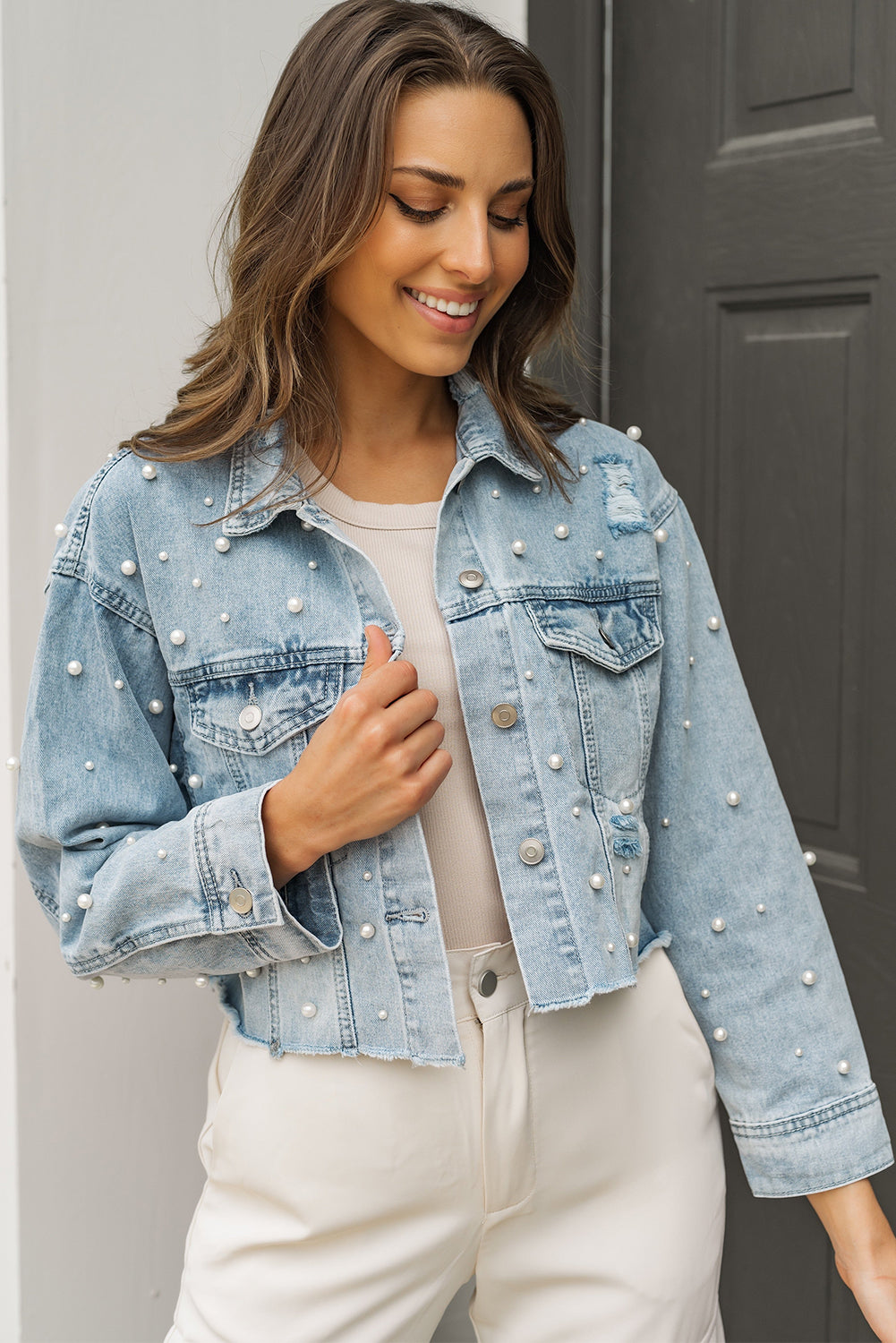 Pearls Beading Cropped Denim Jacket