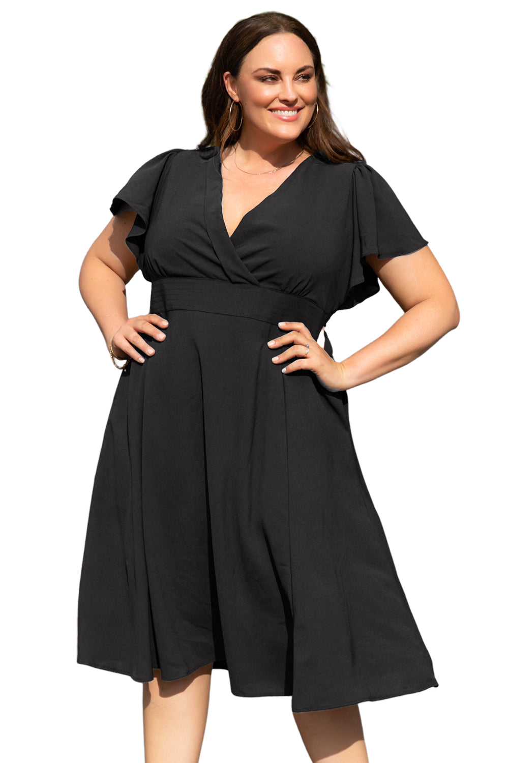 Plus Size Flutter Sleeve V Neck Midi Dress