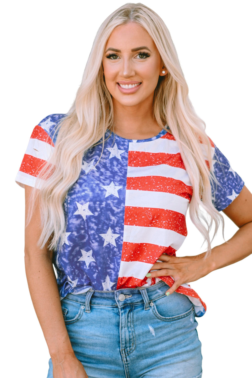 American Flag Print Distressed Crew Neck T Shirt