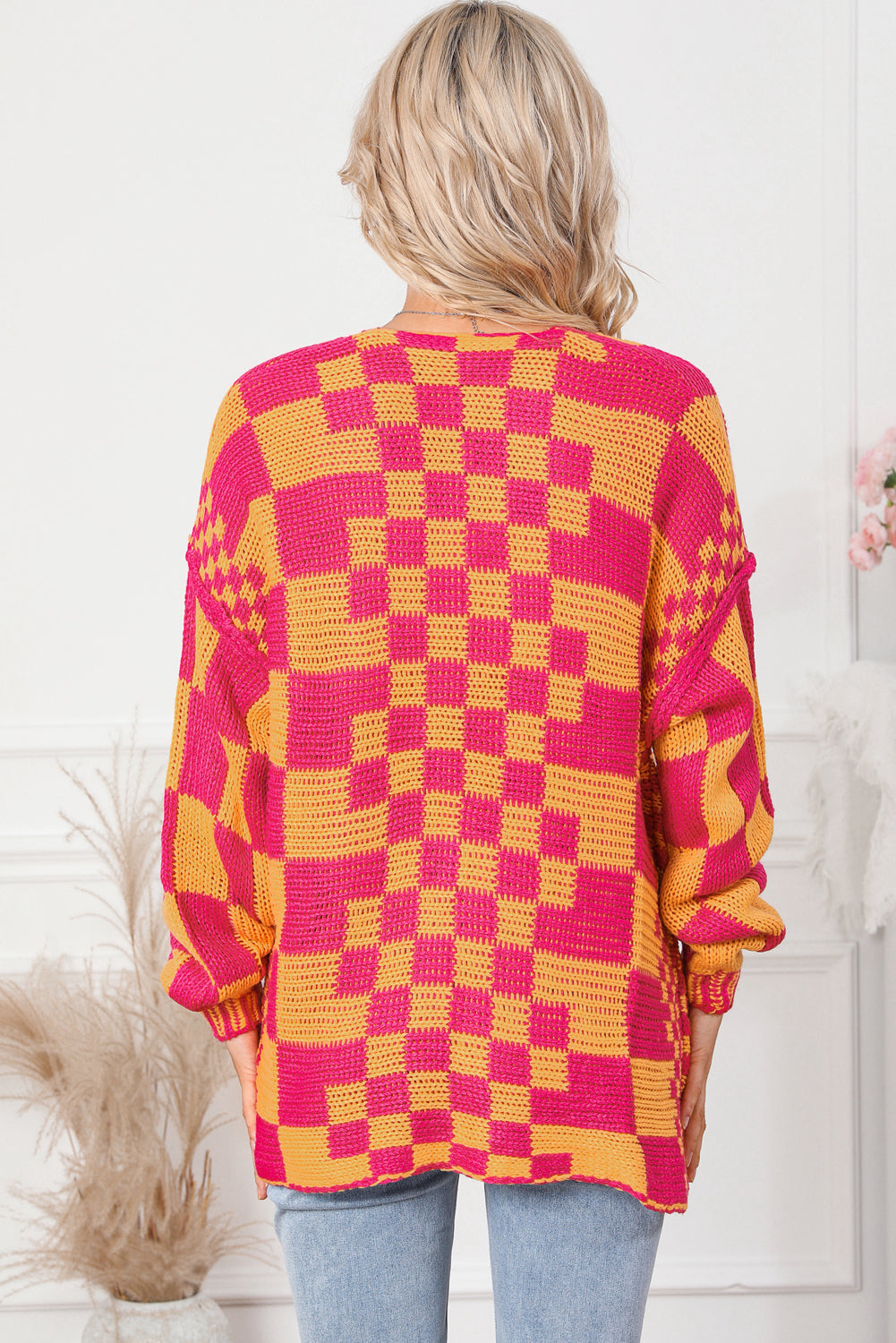 Open Front Mixed Checkered Pattern Knit Cardigan