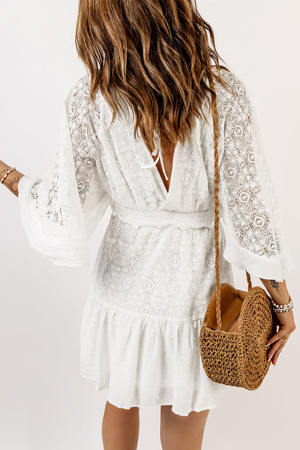 Lace Crochet Buttons Bell Sleeve V Neck Mini Dress