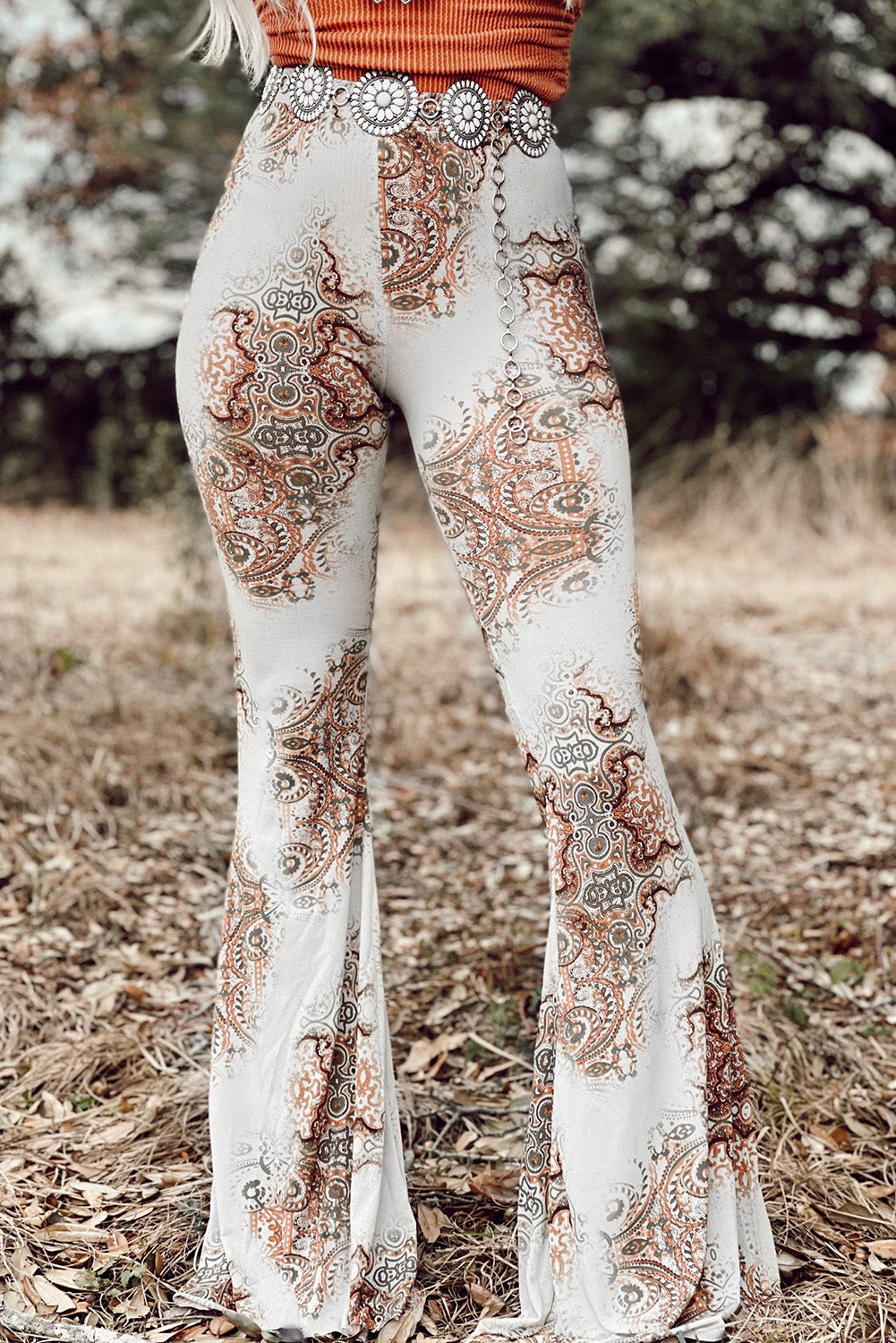 Western Vintage Print High Waist Bell Pants