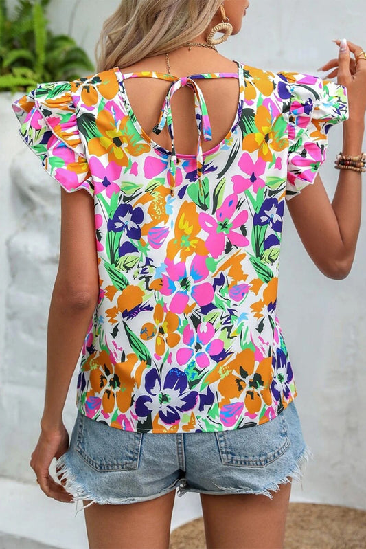 Floral Print Back Tie Flutter Sleeves Blouse