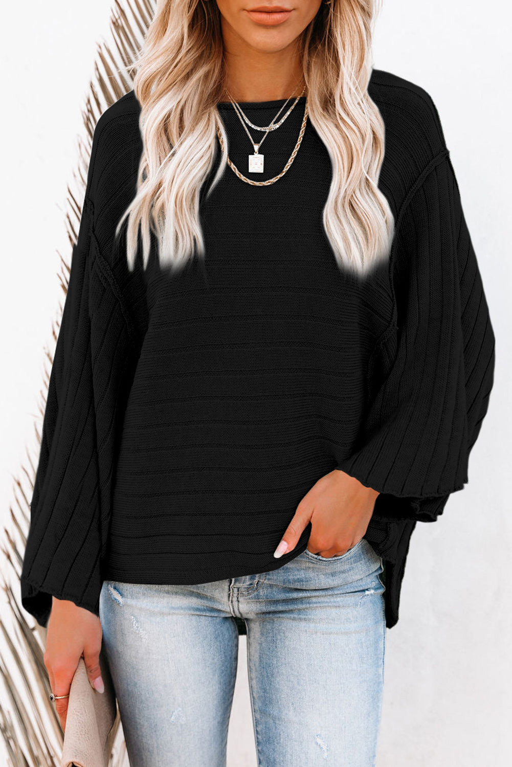 Brown Exposed Seam Ribbed Knit Dolman Top