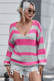 Striped Colorblock Knit V Neck Loose Fit Sweater