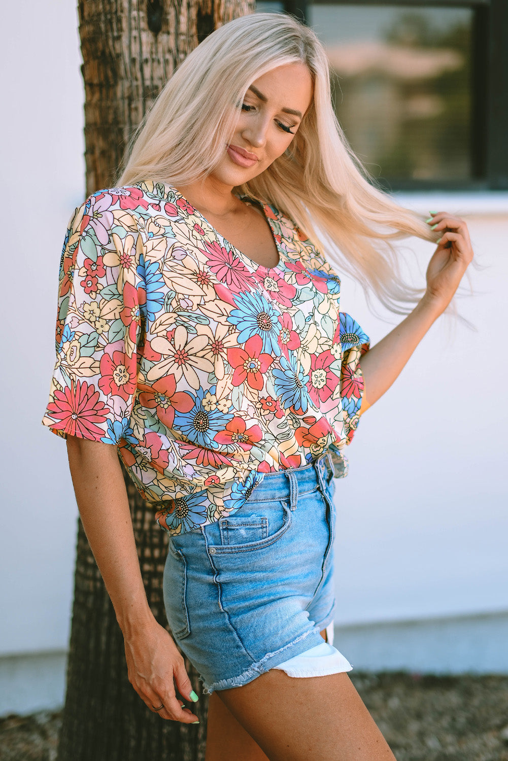 Floral Print V Neck Half Sleeve Blouse