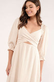 Beige Puff Sleeve Cross Tie Cut Out Maxi Dress