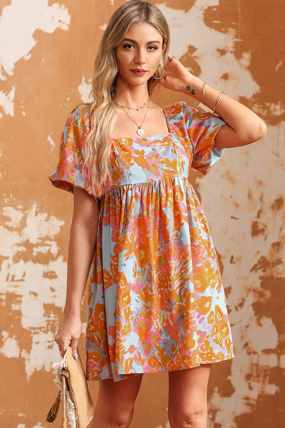 High Waist Square Neck Puff Sleeve Floral Dress