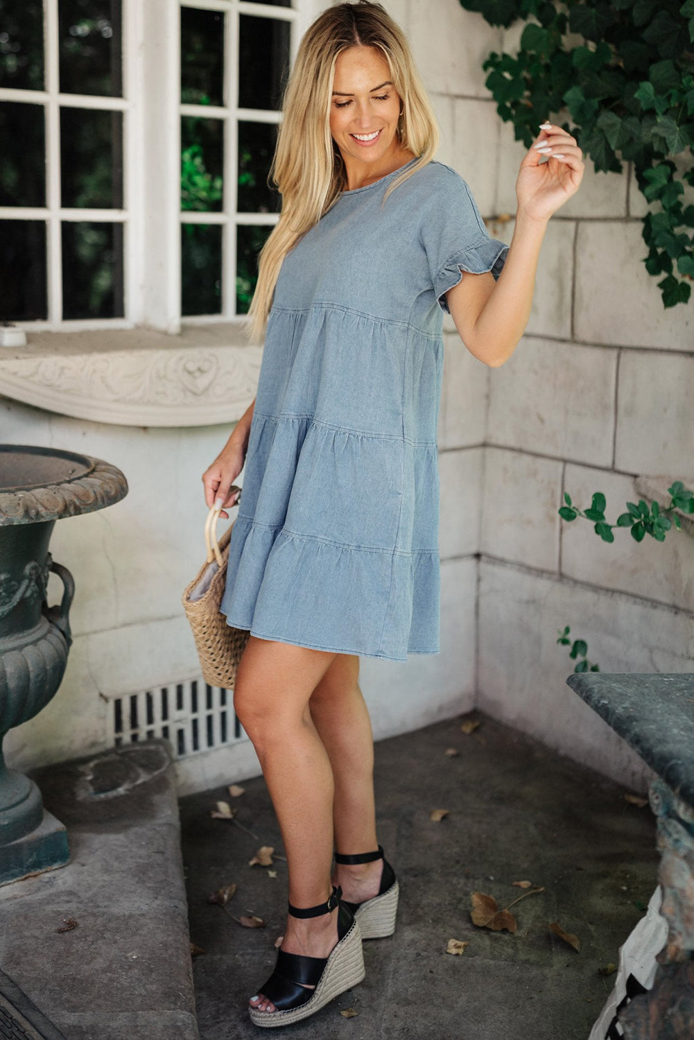 Ruffled Short Sleeves Tiered Denim Dress