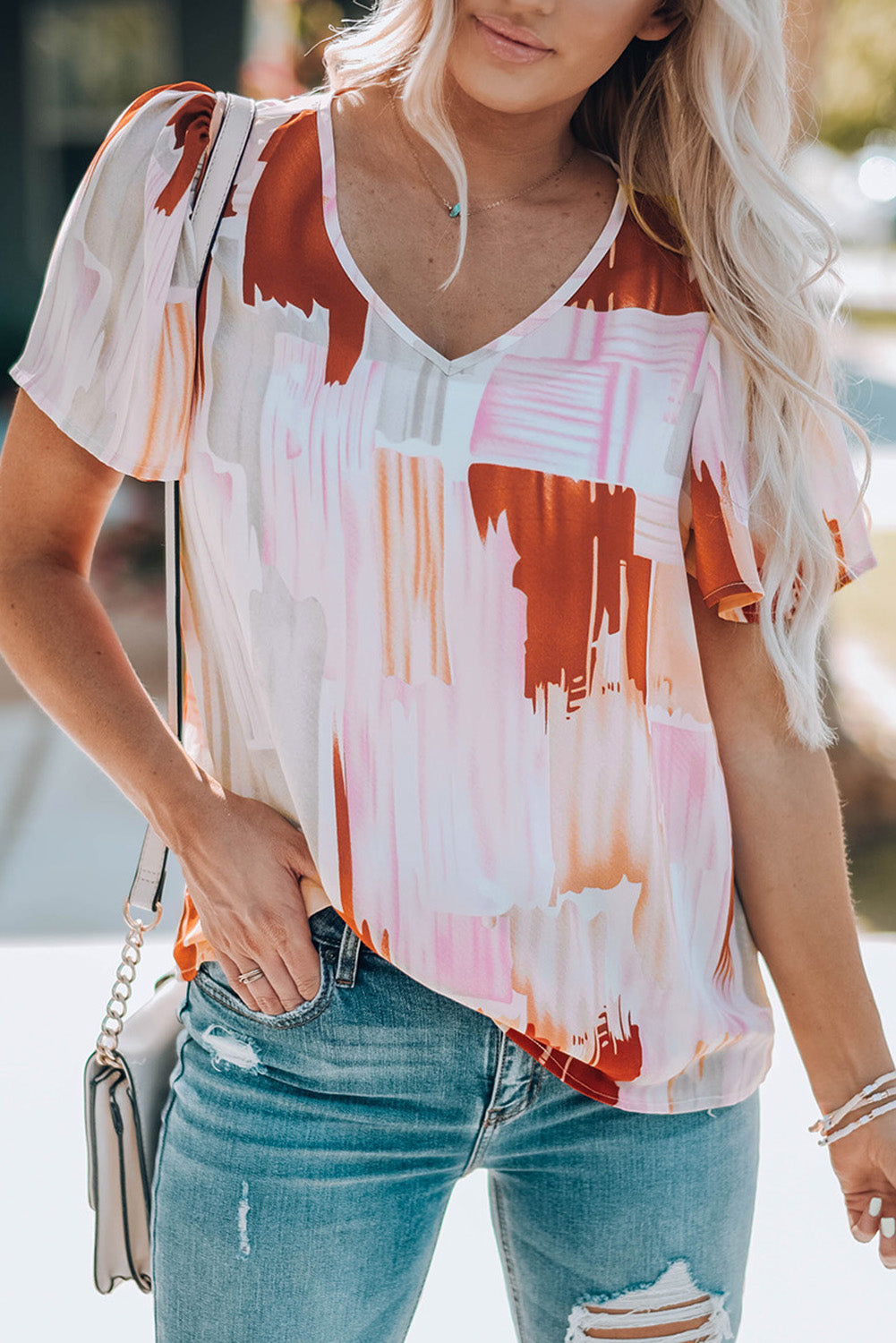 Color Block Ruffled Short Sleeve V Neck T-shirt