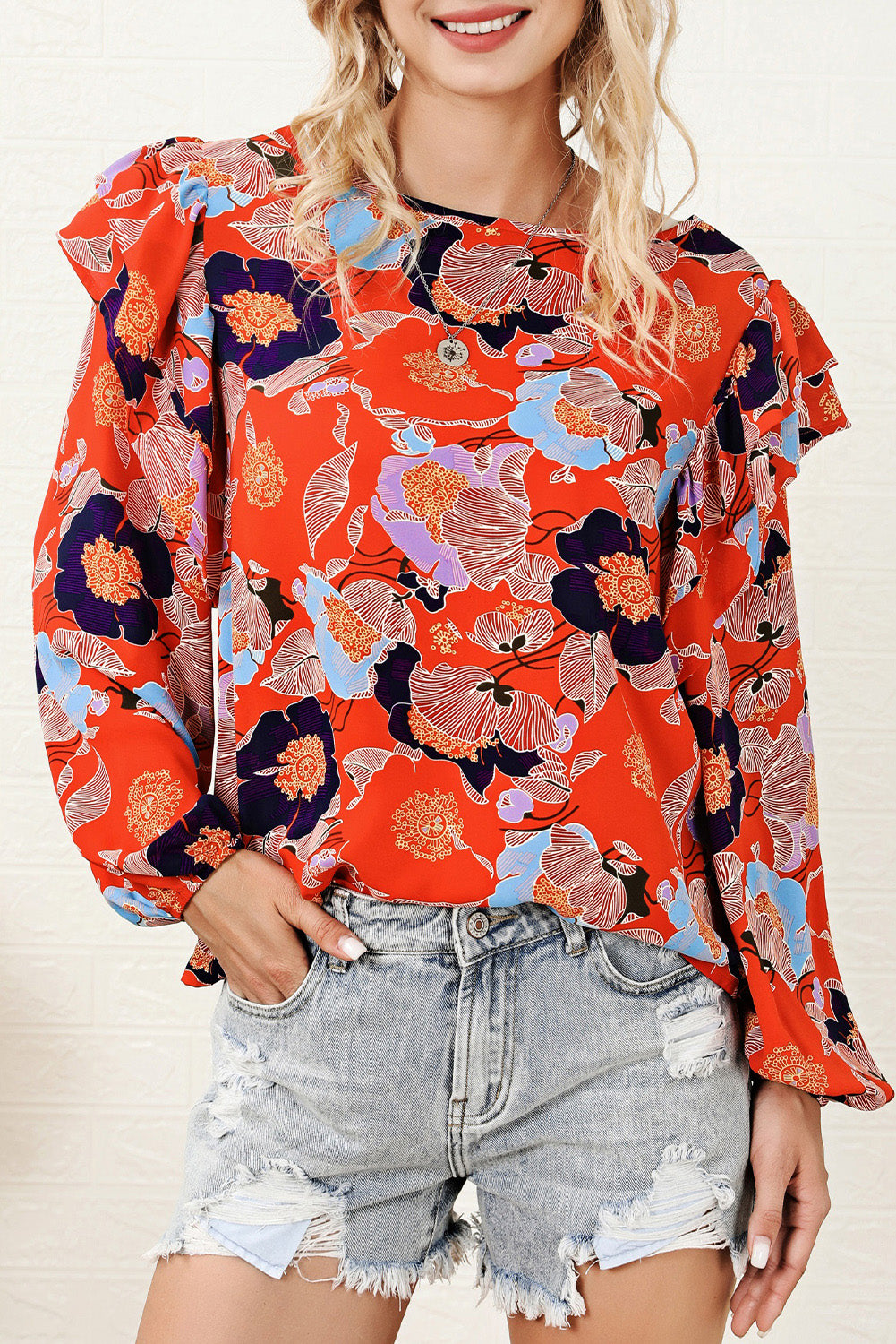 Red Floral Print Ruffle Puff Sleeve Blouse