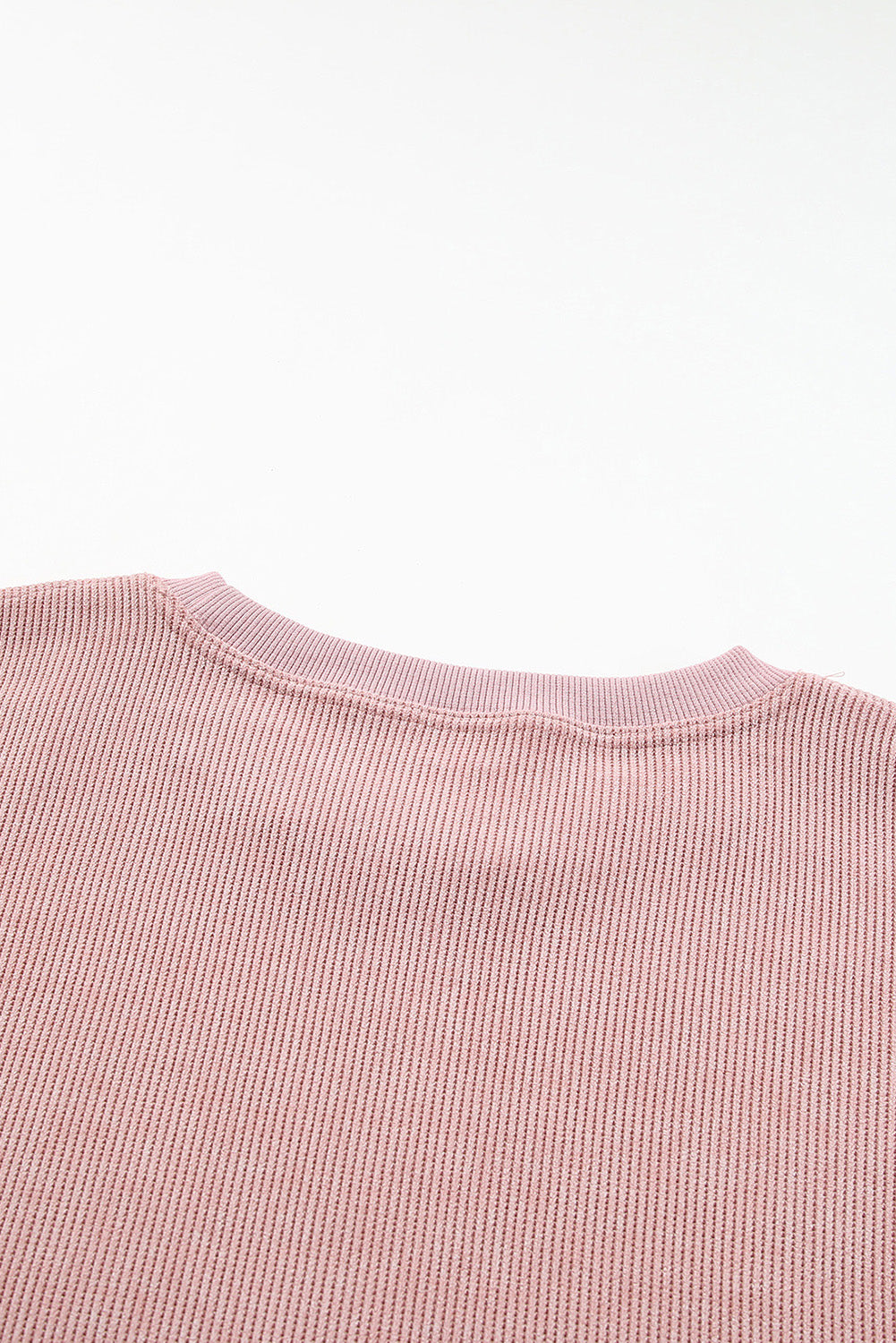 Pink Solid Ribbed Knit Round Neck Pullover Sweatshirt