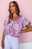 Paisley Pattern Print Puff Sleeve V Neck Blouse