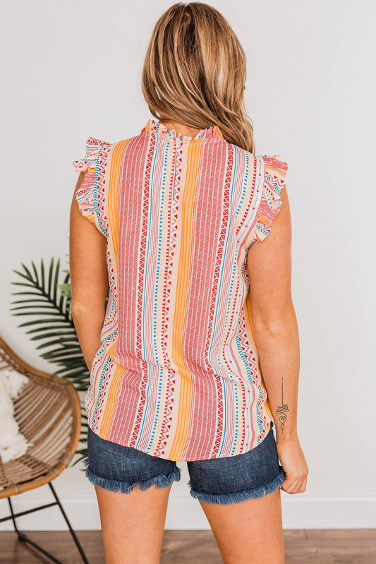 Aztec Ruffled Sleeveless Top